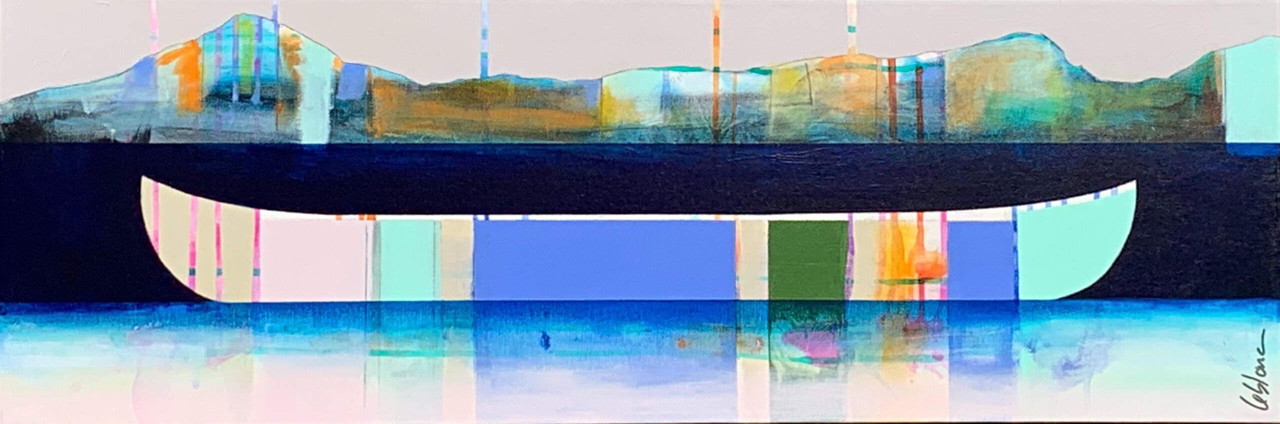 Distance, mixed media canoe painting by Sylvain Leblanc | Effusion Art Gallery + Cast Glass Studio, Invermere BC