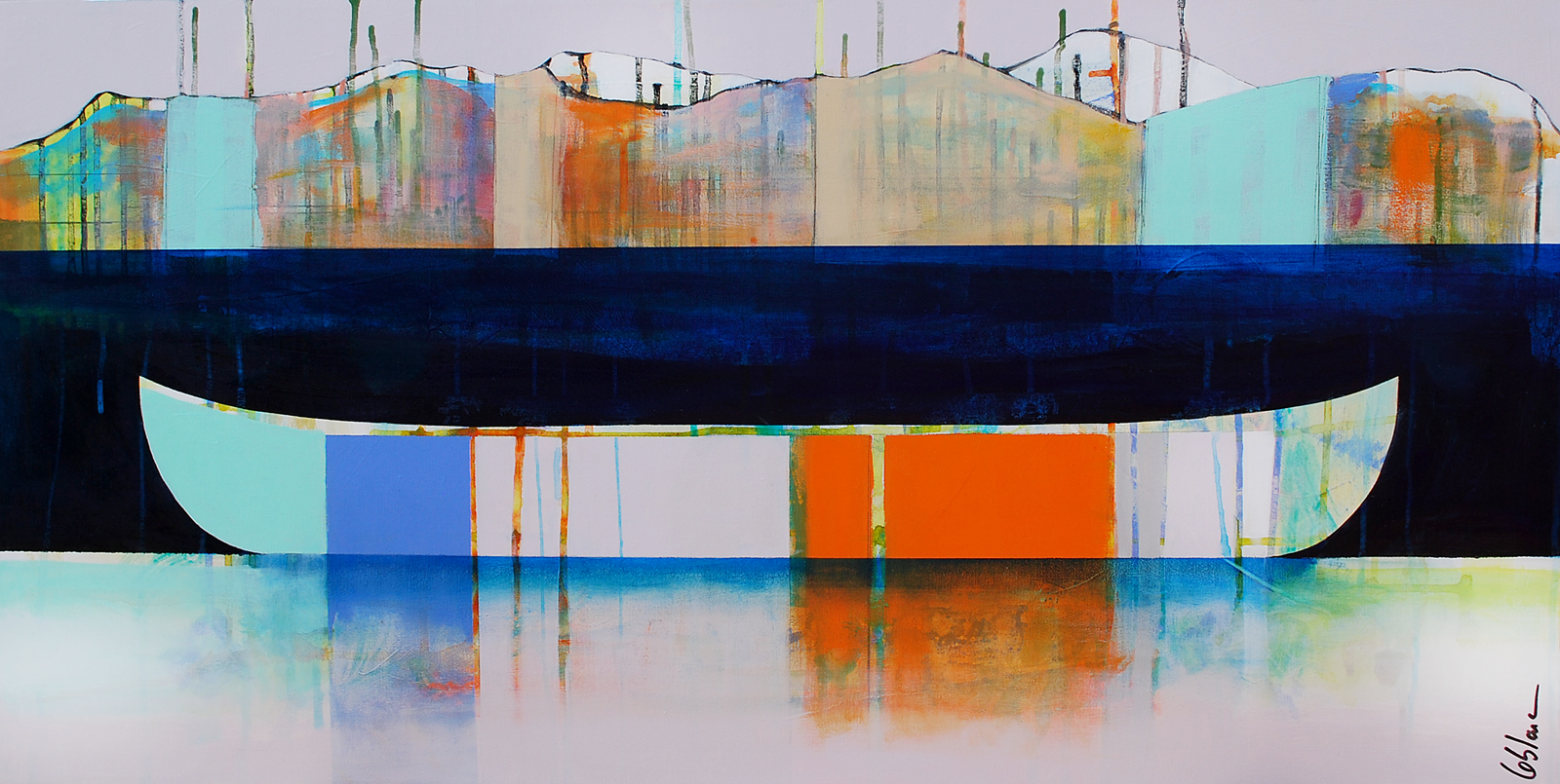 Doux feuillage, mixed media canoe painting by Sylvain Leblanc | Effusion Art Gallery + Cast Glass Studio, Invermere BC