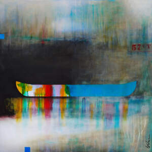 L'équilibre des désirs, mixed media canoe painting by Sylvain Leblanc | Effusion Art Gallery + Cast Glass Studio, Invermere BC