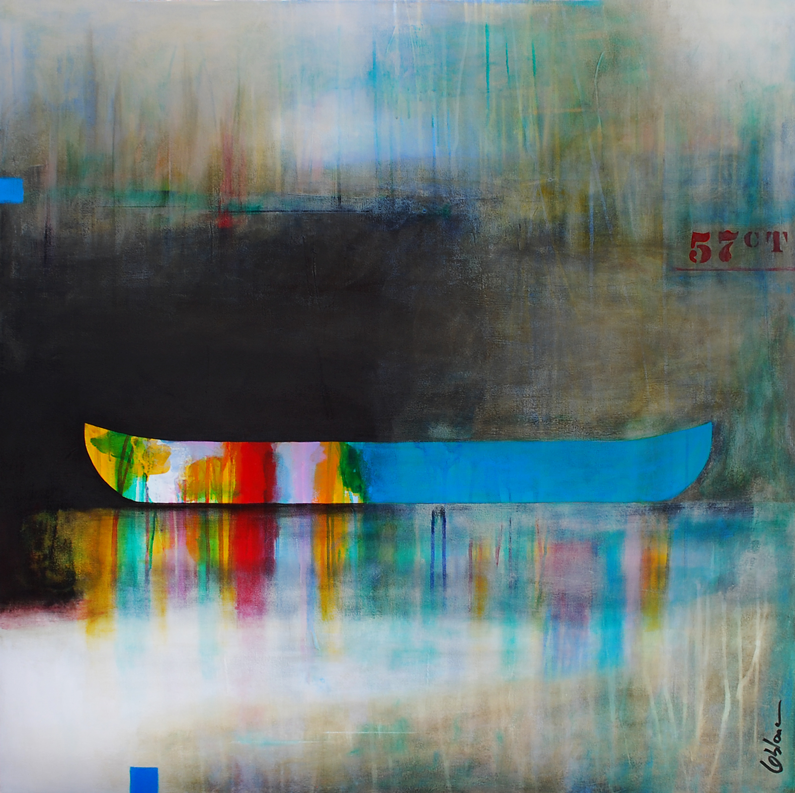 L'équilibre des désirs, mixed media canoe painting by Sylvain Leblanc | Effusion Art Gallery + Cast Glass Studio, Invermere BC