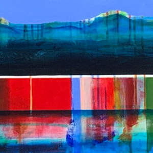 Prelude, mixed media canoe painting by Sylvain Leblanc | Effusion Art Gallery + Cast Glass Studio, Invermere BC