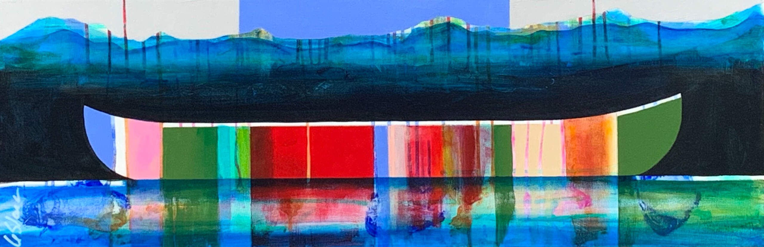 Prelude, mixed media canoe painting by Sylvain Leblanc | Effusion Art Gallery + Cast Glass Studio, Invermere BC