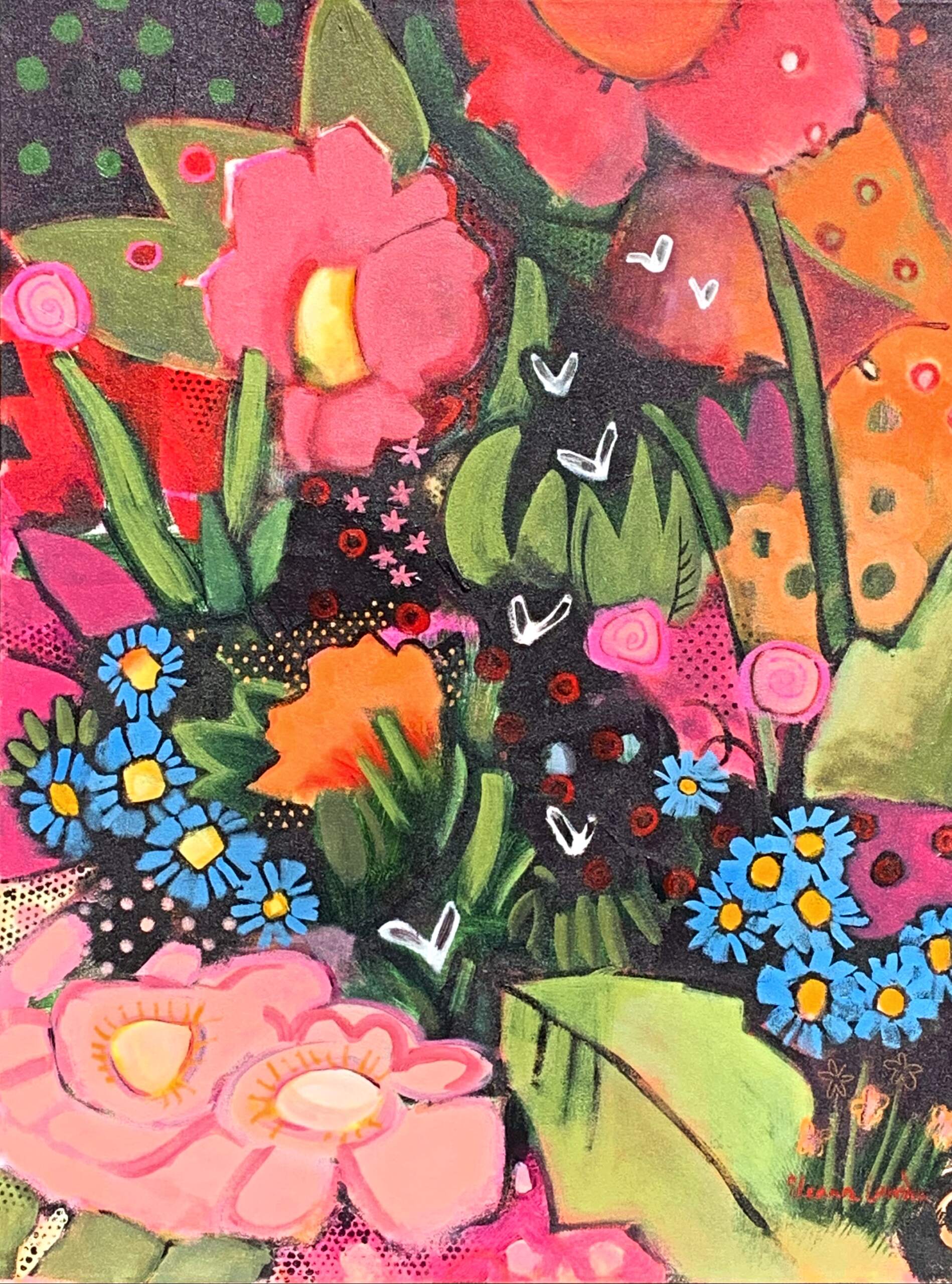 Fireflies, acrylic night garden painting by Eleanor Lowden | Effusion Art Gallery + Cast Glass Studio, Invermere BC