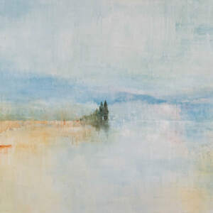Original loose acrylic landscape painting of trees in the distance under soft blue and pink sky and behind a soft yellow and blue lake.