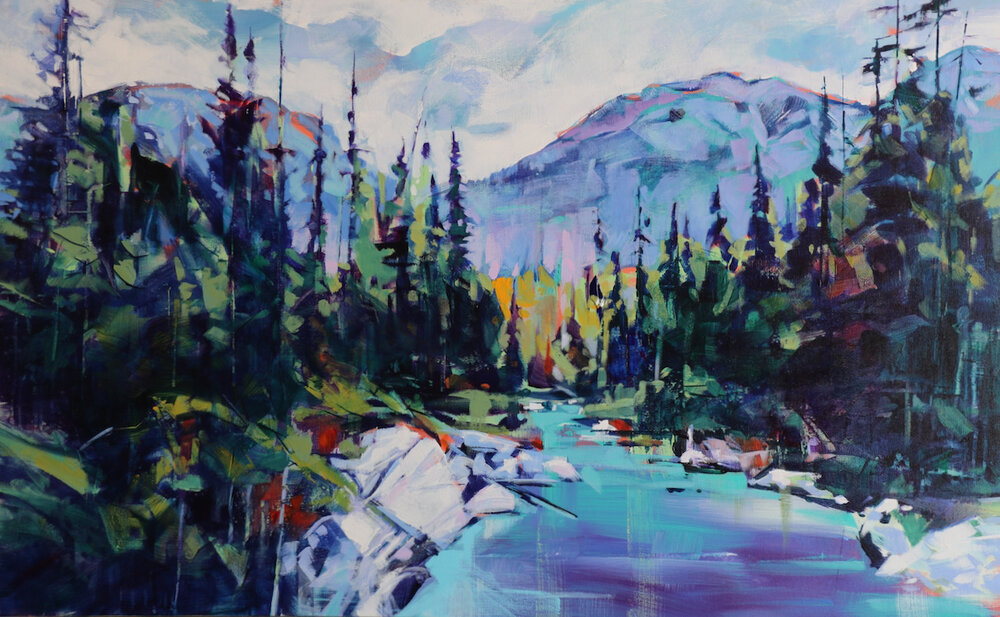 Vermillion Crossing, acrylic landscape painting by Verne Busby | Effusion Art Gallery + Cast Glass Studio, Invermere BC