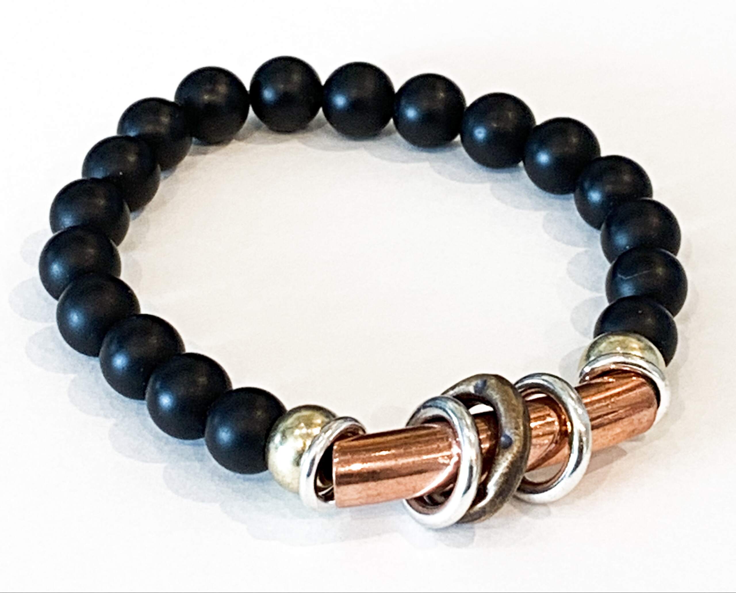 Onyx, copper, sterling silver, and bronze beaded bracelet by Karyn Chopik | Effusion Art Gallery + Cast Glass Studio, Invermere BC