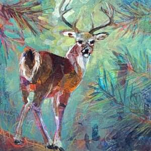 Buck on the Path, mixed media deer painting by Connie Geerts | Effusion Art Gallery + Cast Glass Studio, Invermere BC