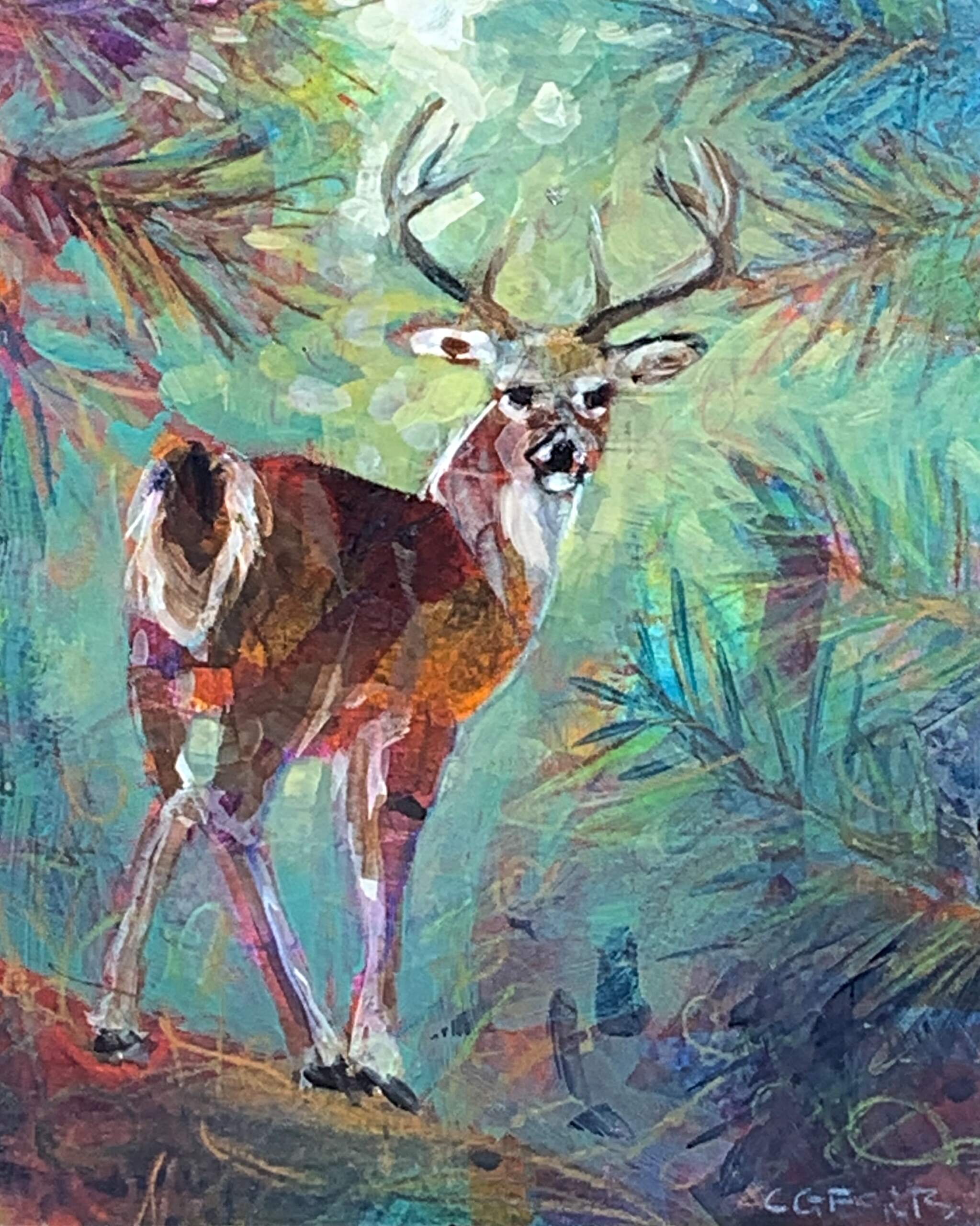 Buck on the Path, mixed media deer painting by Connie Geerts | Effusion Art Gallery + Cast Glass Studio, Invermere BC