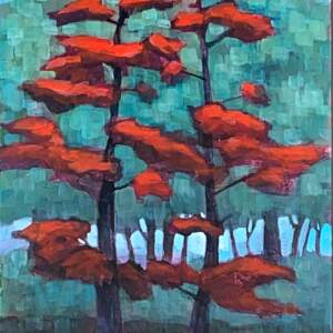Cool Shade, mixed media tree painting by Connie Geerts | Effusion Art Gallery + Cast Glass Studio, Invermere BC