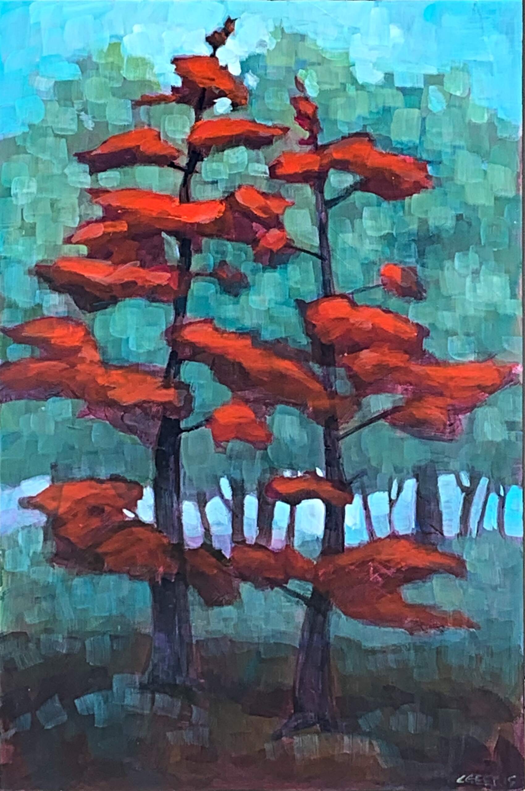 Cool Shade, mixed media tree painting by Connie Geerts | Effusion Art Gallery + Cast Glass Studio, Invermere BC
