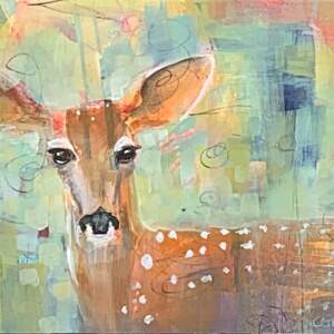 Encounters with Spirit, mixed media deer painting by Connie Geerts | Effusion Art Gallery + Cast Glass Studio, Invermere BC