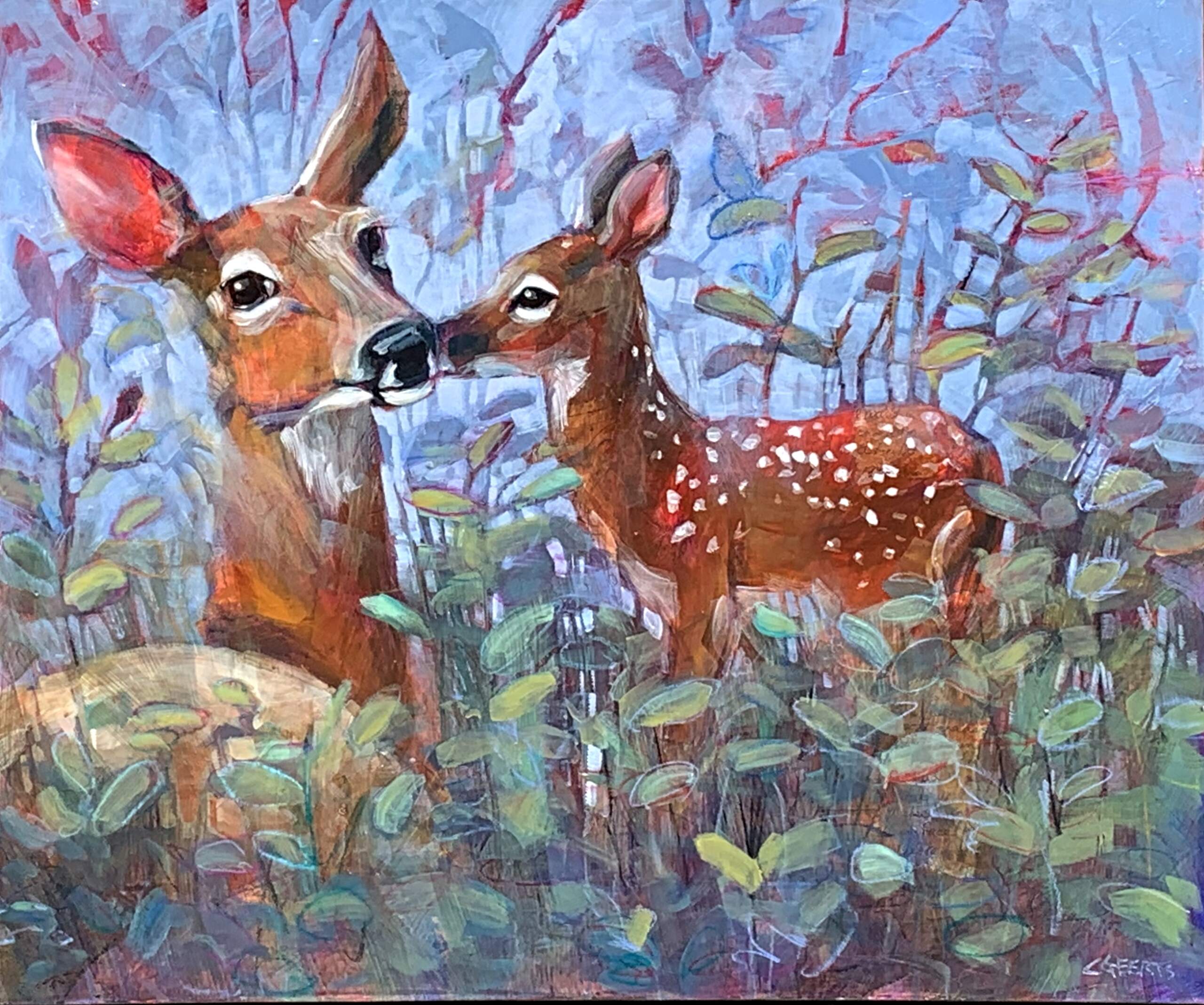 Life is Sweet, mixed media deer and fawn painting by Connie Geerts | Effusion Art Gallery + Cast Glass Studio, Invermere BC