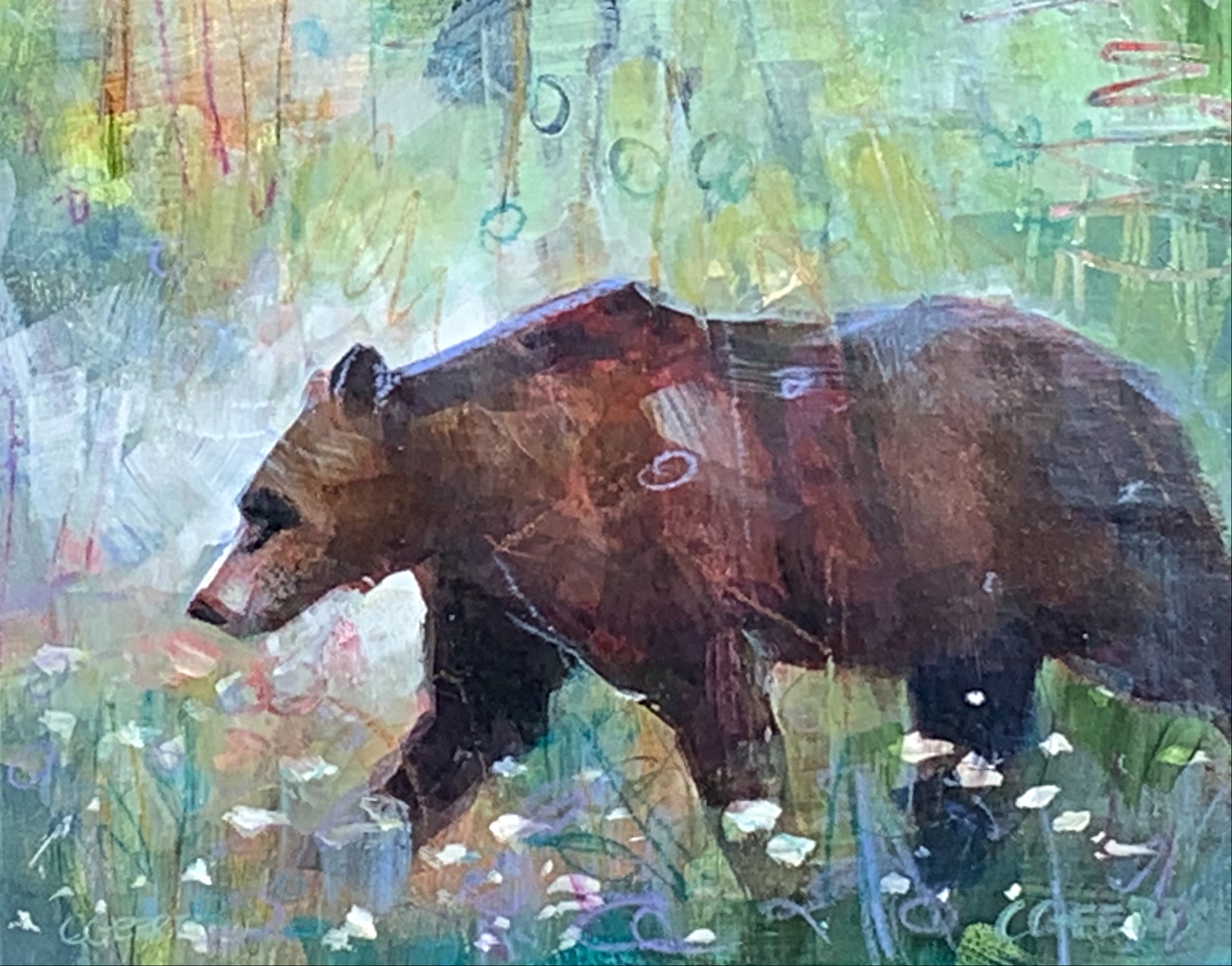 Minding her own Business, mixed media bear painting by Connie Geerts | Effusion Art Gallery + Cast Glass Studio, Invermere BC