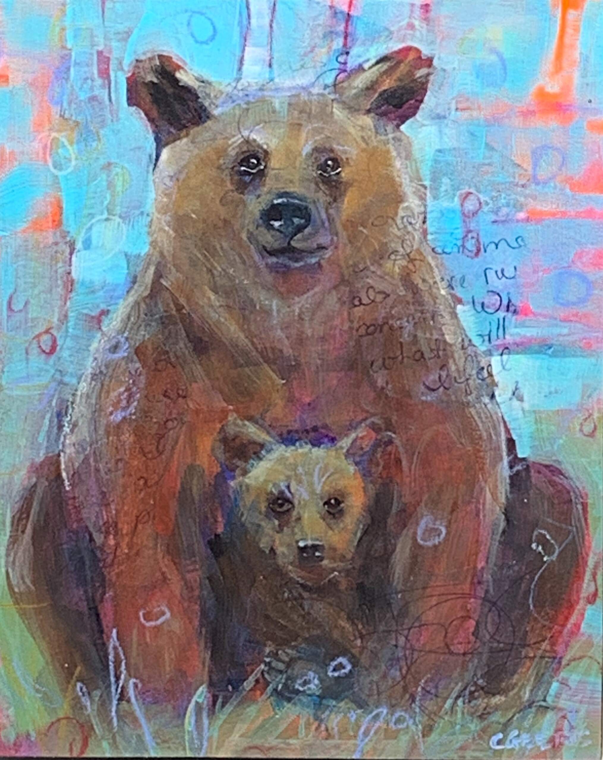 Momma Bear, mixed media bear painting by Connie Geerts | Effusion Art Gallery + Cast Glass Studio, Invermere BC