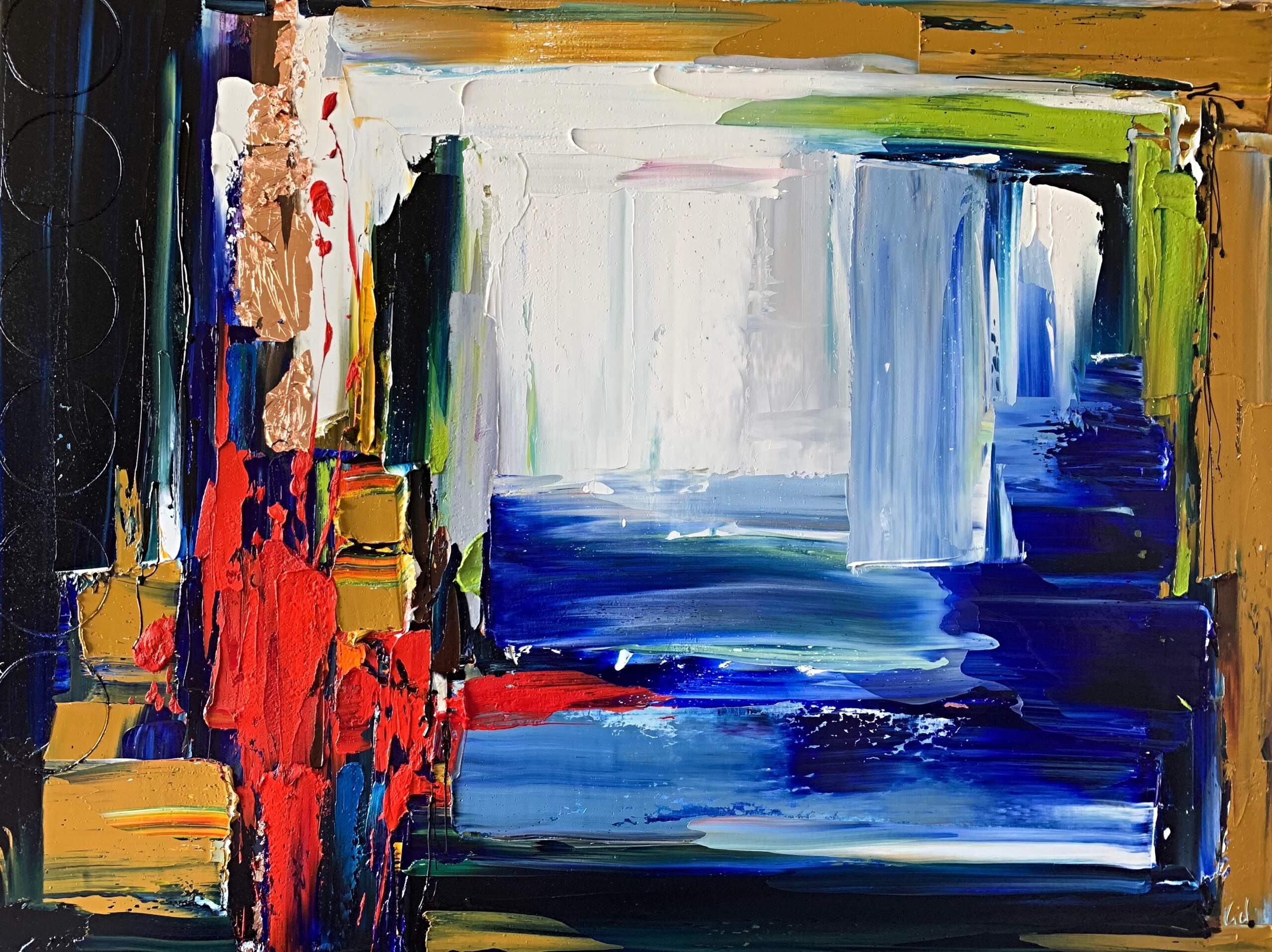 A Misadventure or Two, mixed media abstract painting by Kimberly Kiel | Effusion Art Gallery + Cast Glass Studio, Invermere BC