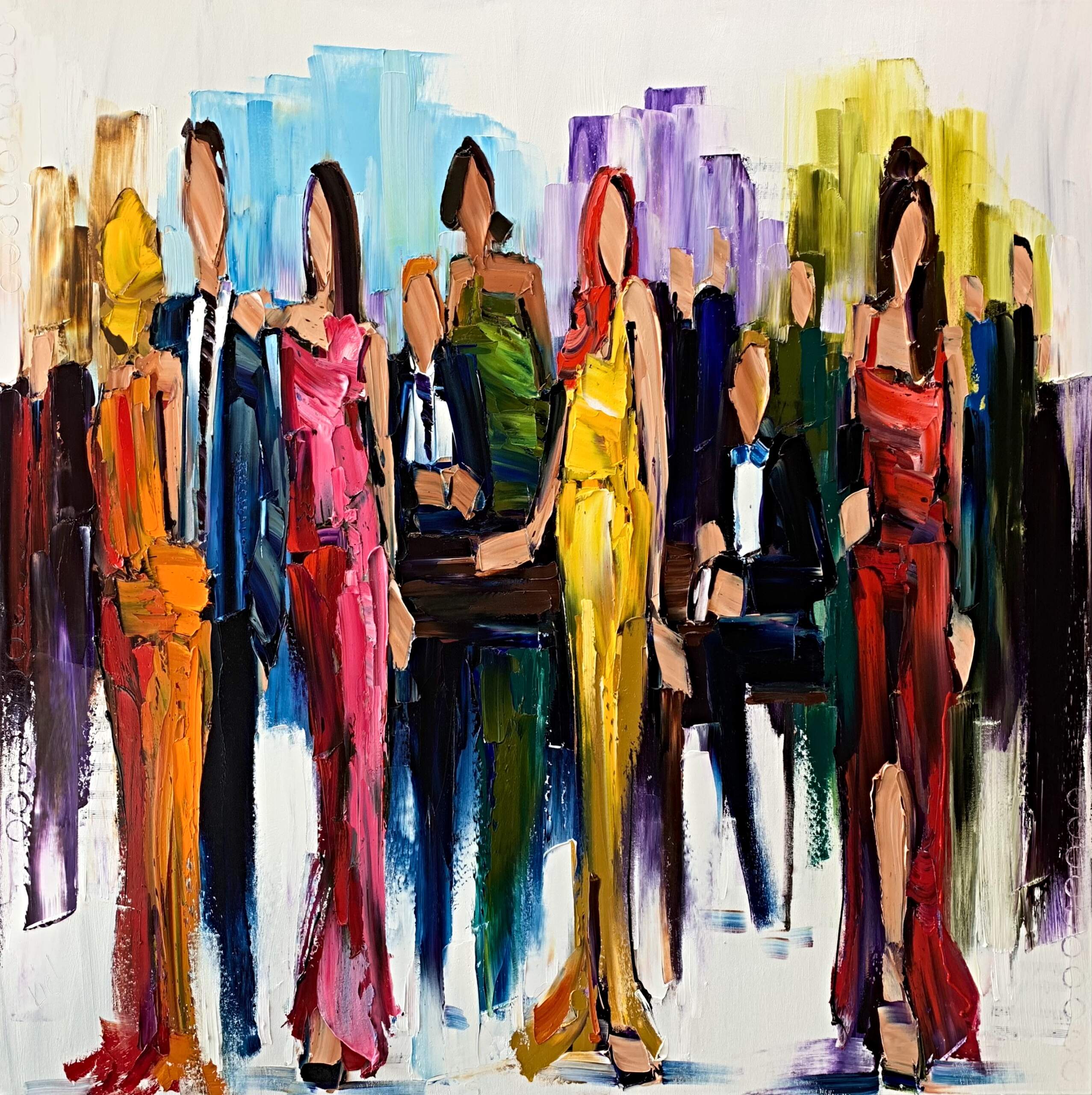 Come and go like Fashion, oil cocktail party painting by Kimberly Kiel | Effusion Art Gallery + Cast Glass Studio, Invermere BC