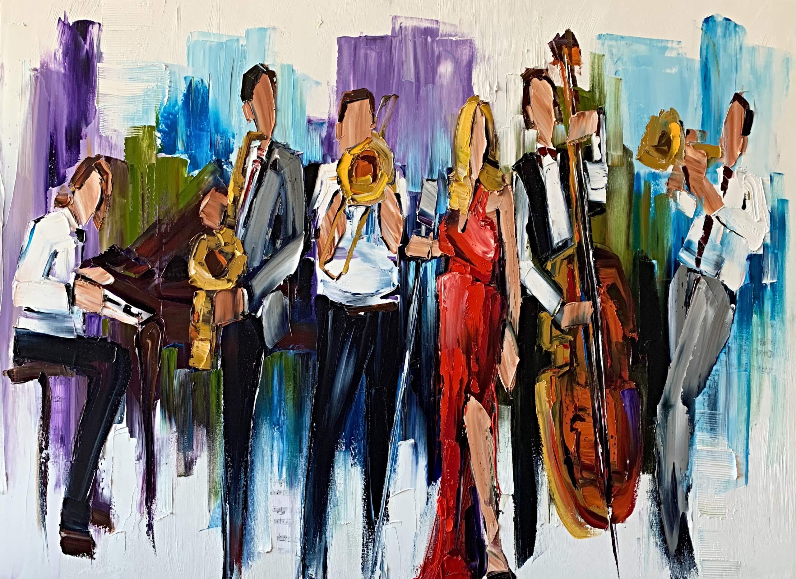 Turn it up Loud, oil musical band painting by Kimberly Kiel | Effusion Art Gallery + Cast Glass Studio, Invermere BC