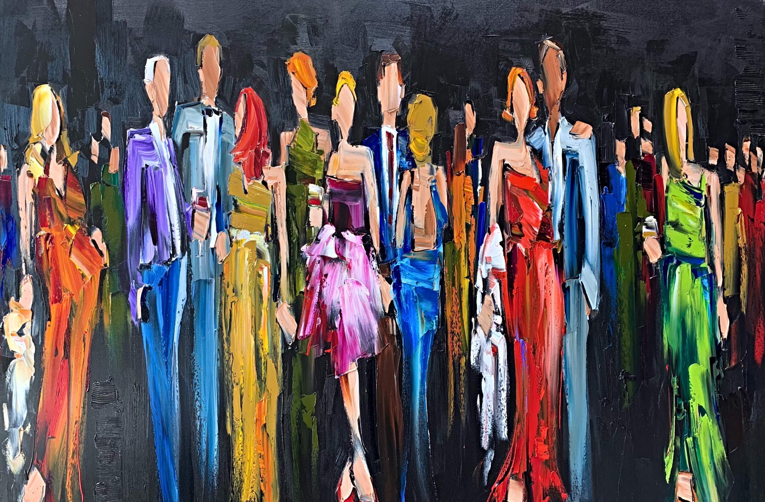 Way Past Midnight, oil cocktail party painting by Kimberly Kiel | Effusion Art Gallery + Cast Glass Studio, Invermere BC