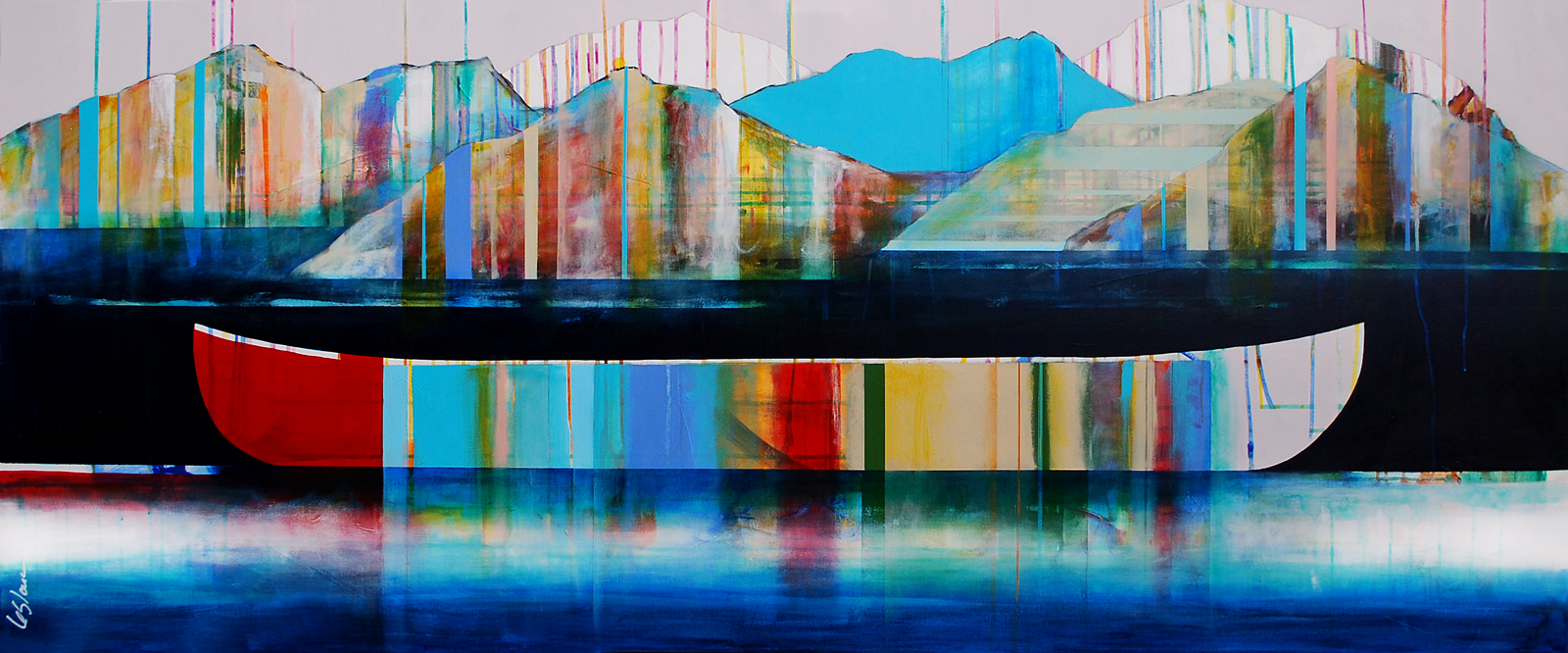 Paysage grandiose, mixed media canoe painting by Sylvain Leblanc | Effusion Art Gallery + Cast Glass Studio, Invermere BC