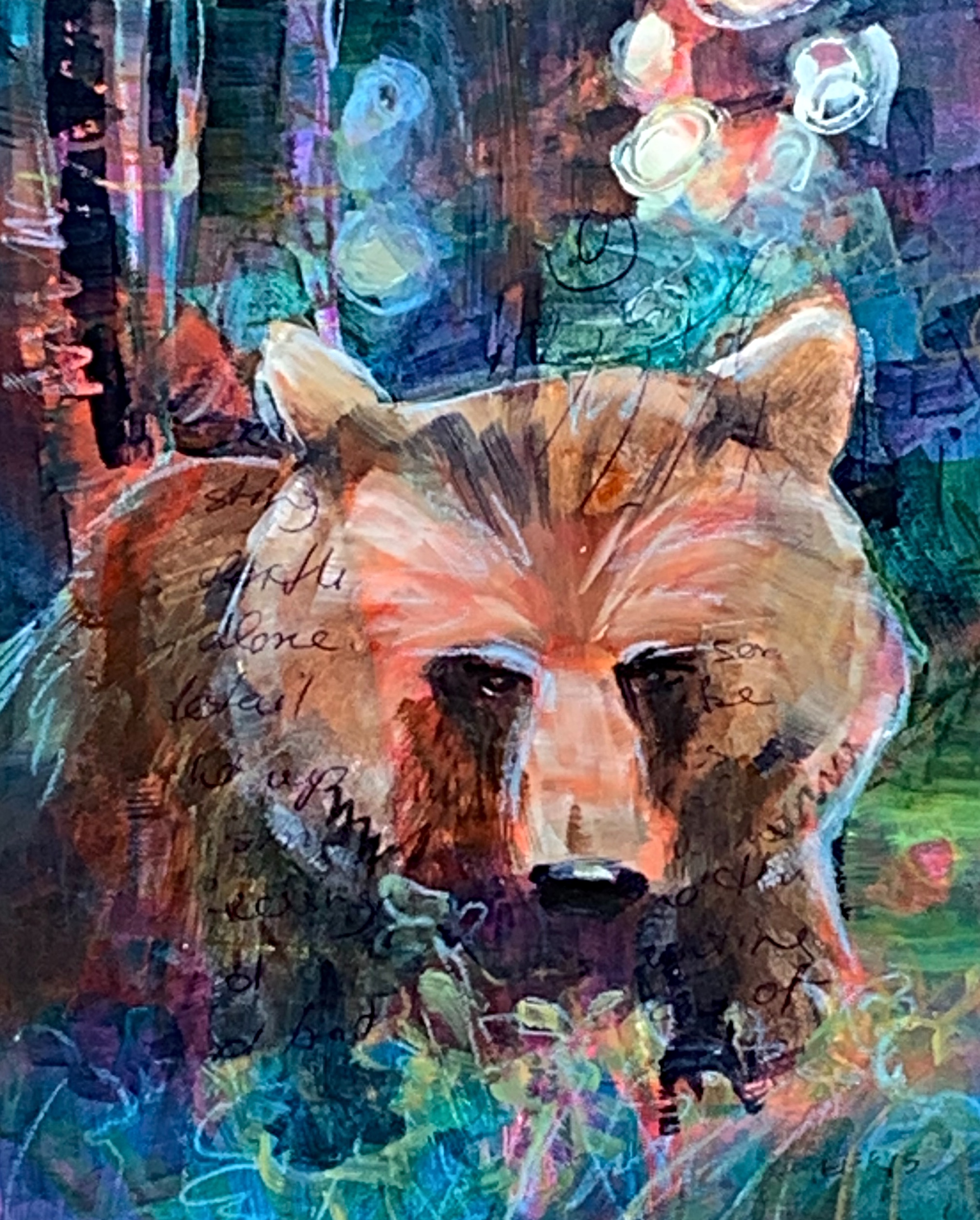 Looking for Berries, mixed media bear painting by Connie Geerts | Effusion Art Gallery + Cast Glass Studio, Invermere BC