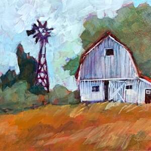 White Barn, acrylic barn painting by Connie Geerts | Effusion Art Gallery + Cast Glass Studio, Invermere BC