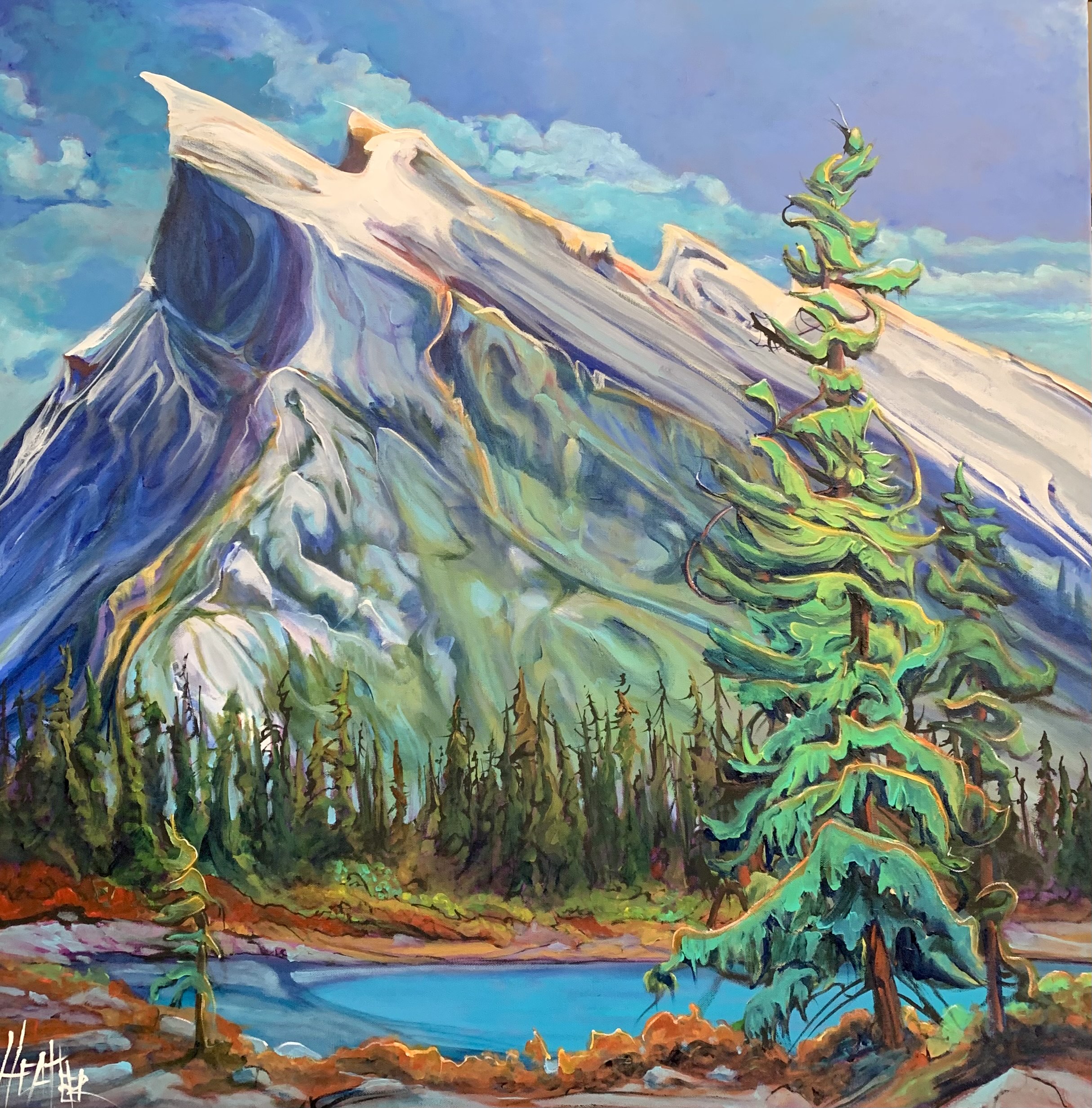 Enchanting Mount Rundle, acrylic landscape by Heather Pant | Effusion Art Gallery + Cast Glass Studio, Invermere BC