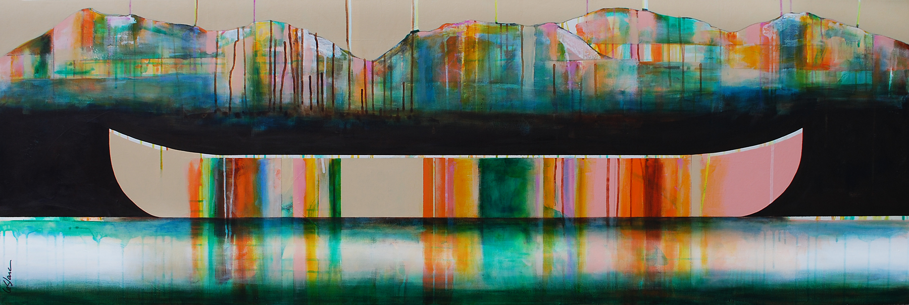 Lac couleur émeraude, mixed media canoe painting by Sylvain Leblanc | Effusion Art Gallery + Cast Glass Studio, Invermere BC