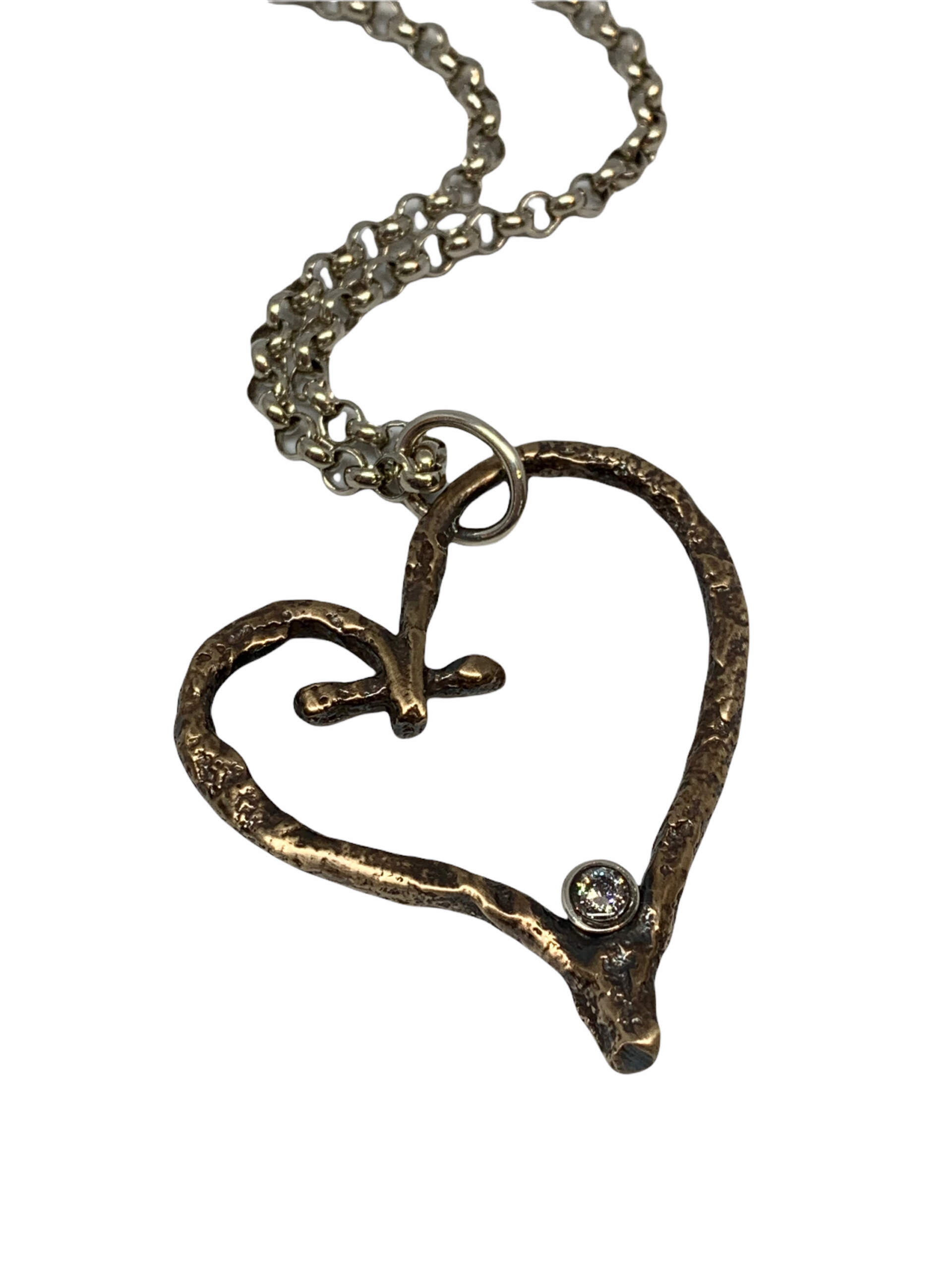 Bronze, Sterling Silver, + CZ Heart Necklace by Karyn Chopik | Effusion Art Gallery + Cast Glass Studio, Invermere BC