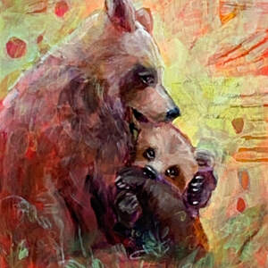 Cuddle, mixed media bear and cub painting by Connie Geerts | Effusion Art Gallery + Cast Glass Studio, Invermere BC