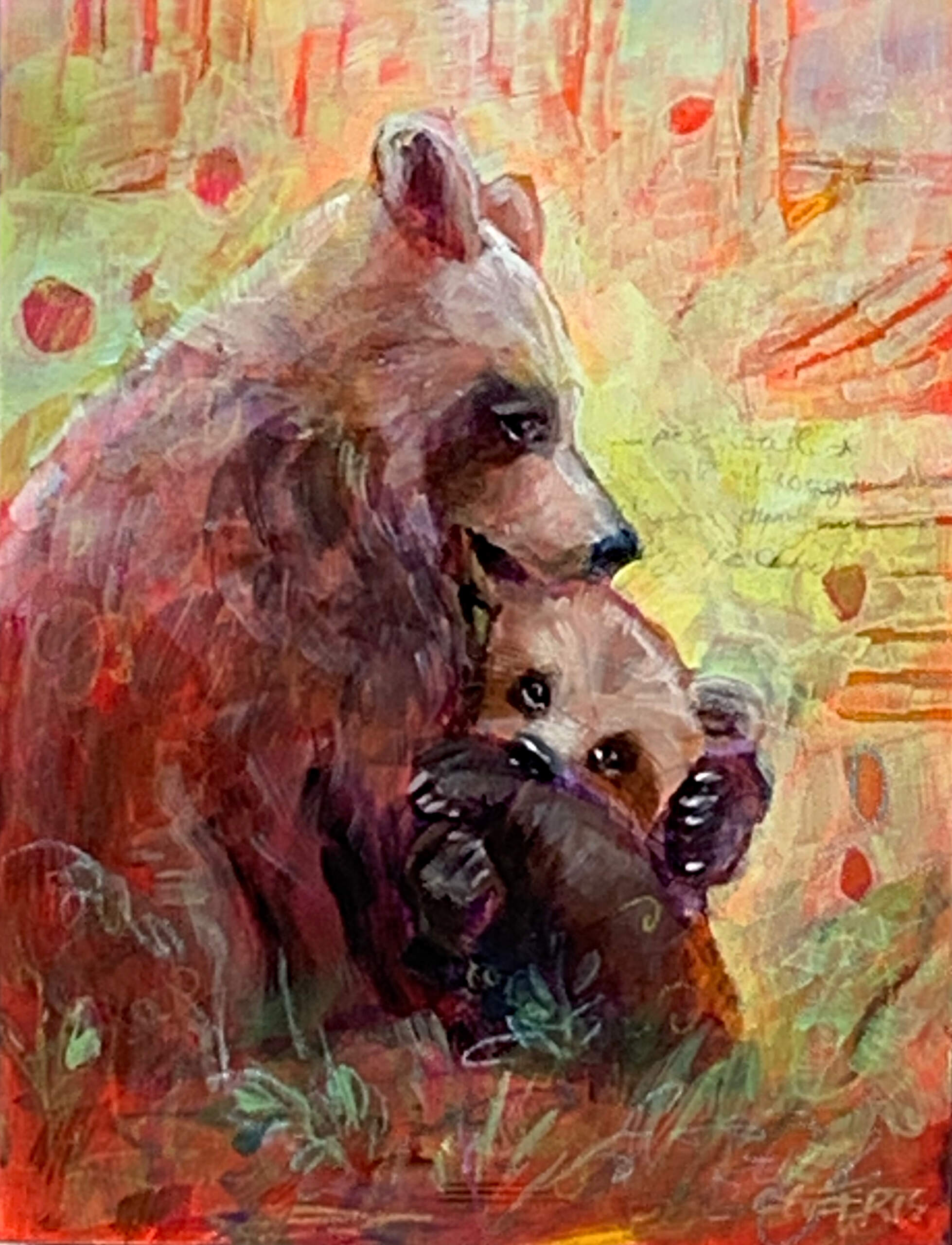 Cuddle, mixed media bear and cub painting by Connie Geerts | Effusion Art Gallery + Cast Glass Studio, Invermere BC