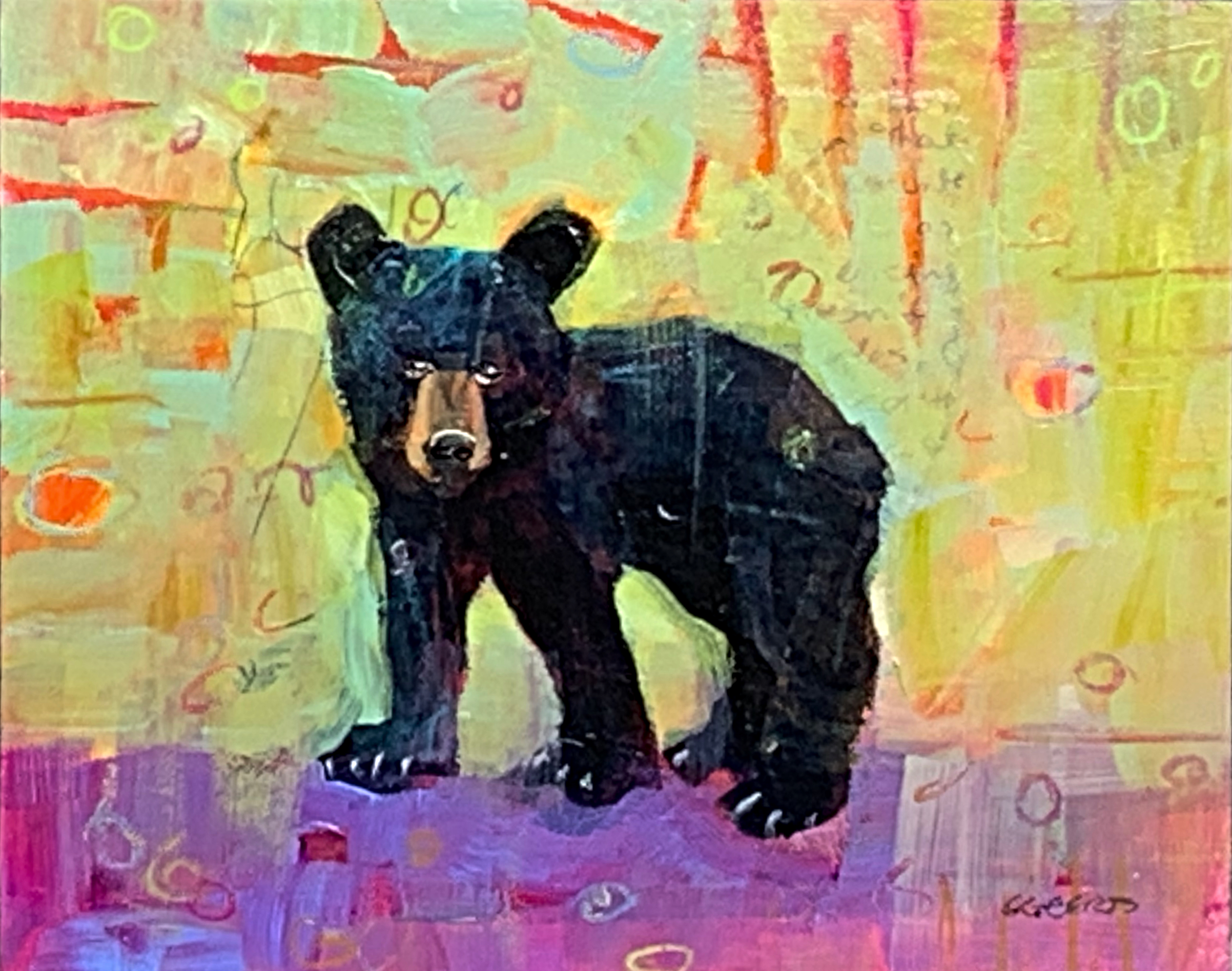 Wandering, mixed media bear cub painting by Connie Geerts | Effusion Art Gallery + Cast Glass Studio, Invermere BC