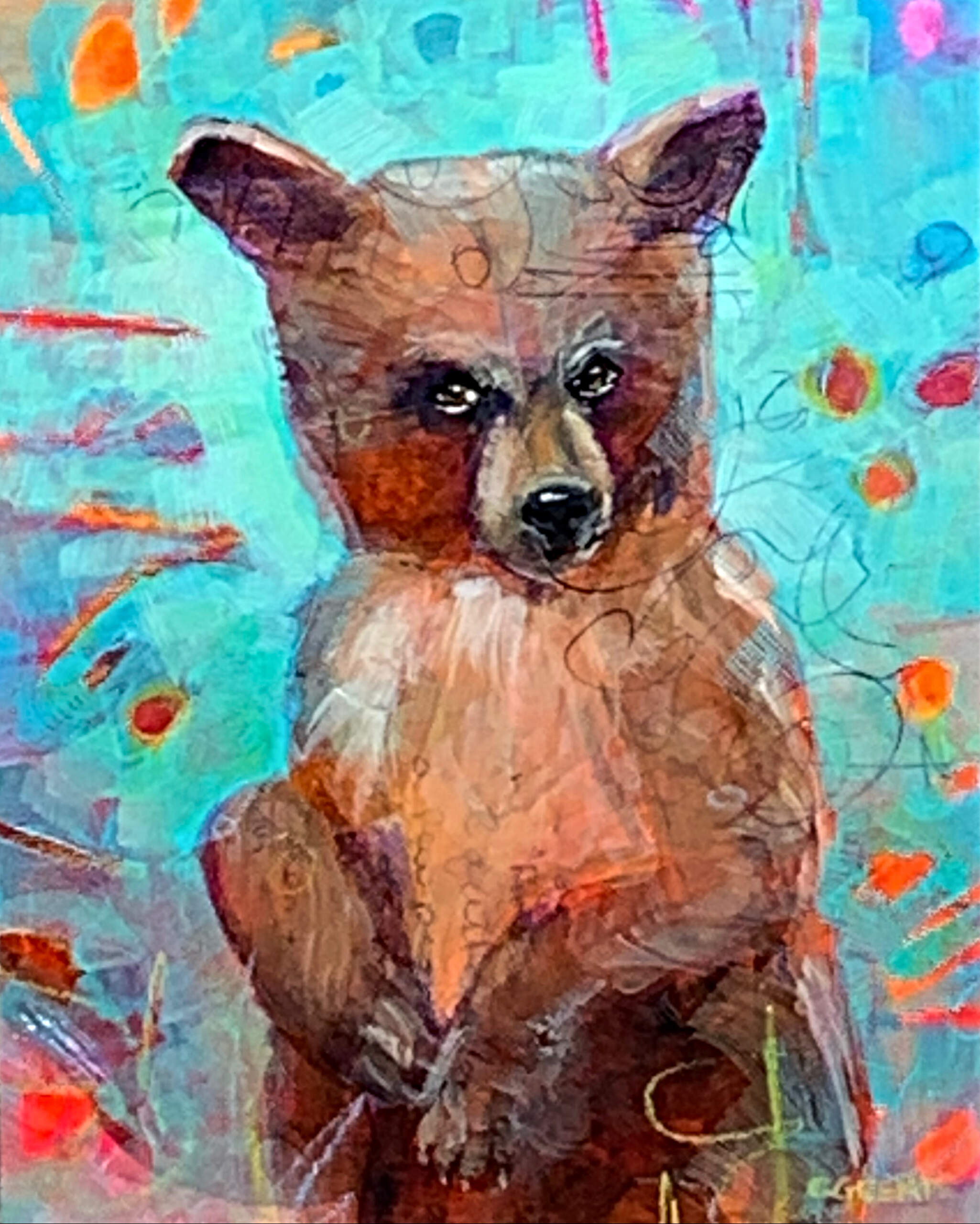 What You Talkin' About?, mixed media bear cub painting by Connie Geerts | Effusion Art Gallery + Cast Glass Studio, Invermere BC