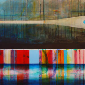 Il n'y a pas si longtemps, mixed media canoe painting by Sylvain Leblanc | Effusion Art Gallery + Cast Glass Studio, Invermere BC