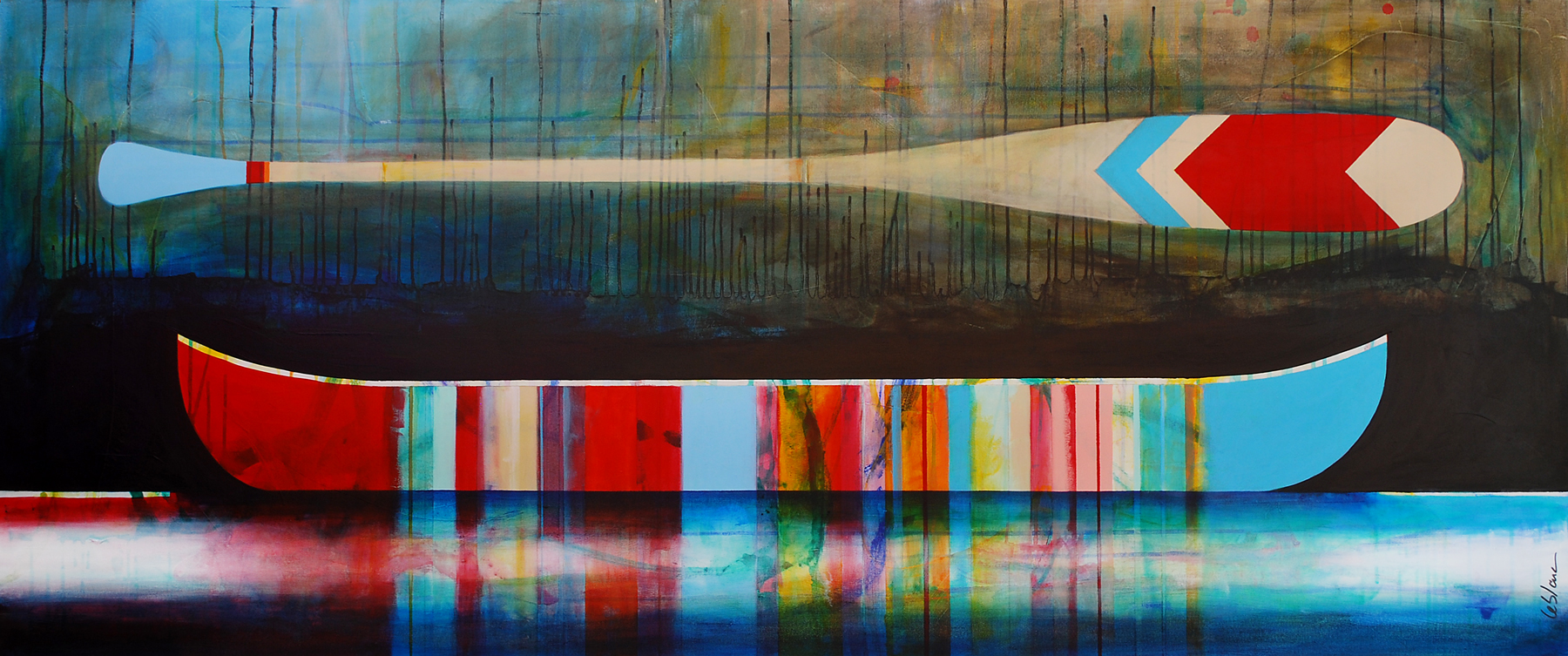 Il n'y a pas si longtemps, mixed media canoe painting by Sylvain Leblanc | Effusion Art Gallery + Cast Glass Studio, Invermere BC