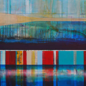 Le bonheur à pert de vue, mixed media canoe painting by Sylvain Leblanc | Effusion Art Gallery + Cast Glass Studio, Invermere BC