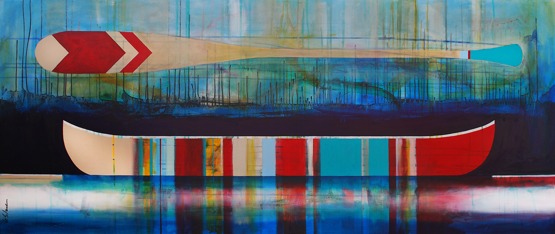 Le bonheur à pert de vue, mixed media canoe painting by Sylvain Leblanc | Effusion Art Gallery + Cast Glass Studio, Invermere BC