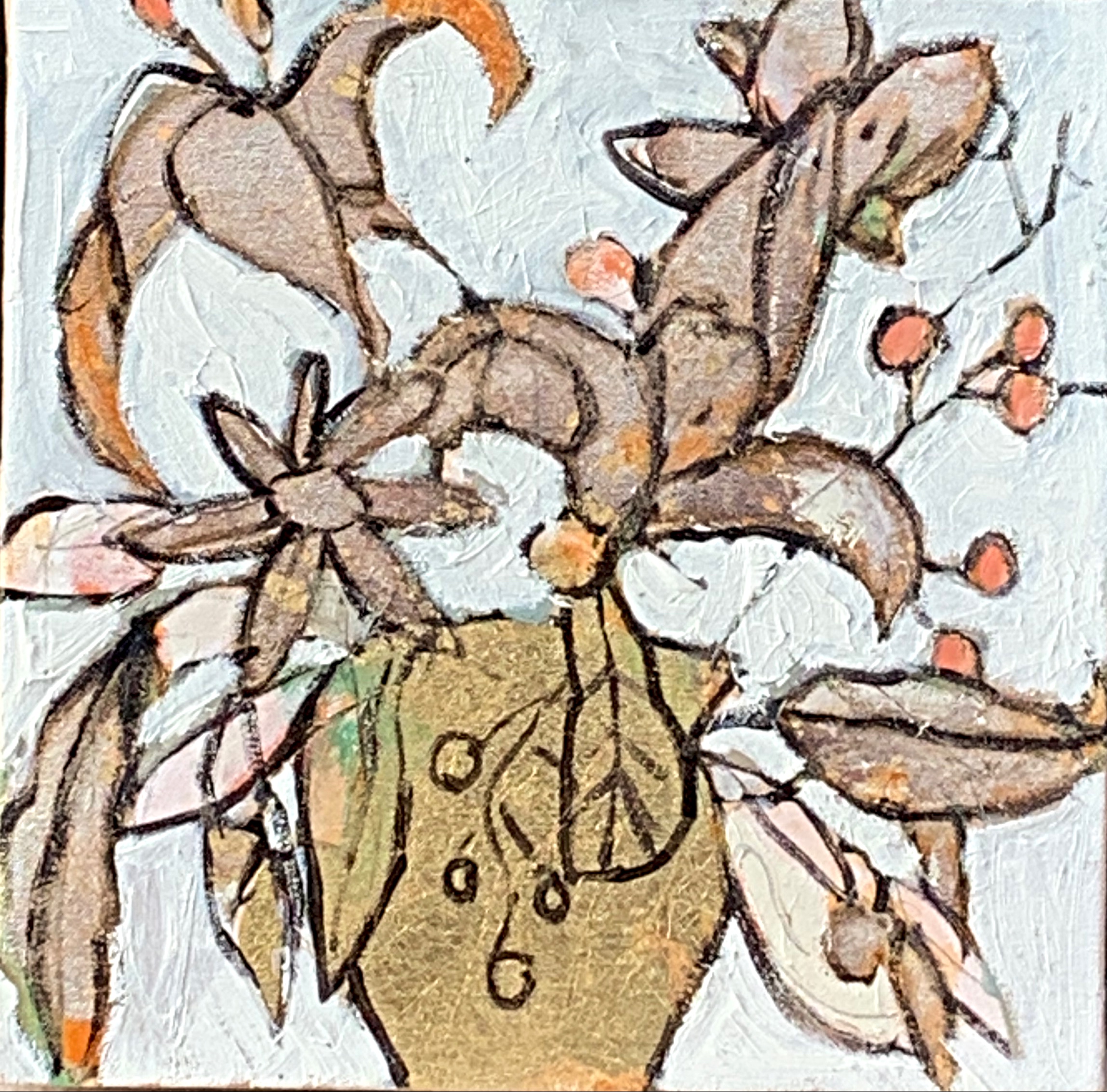 Lilies in a Gold Vase, mixed media flower painting by Carol Finkbeiner Thomas | Effusion Art Gallery + Cast Glass Studio, Invermere BC