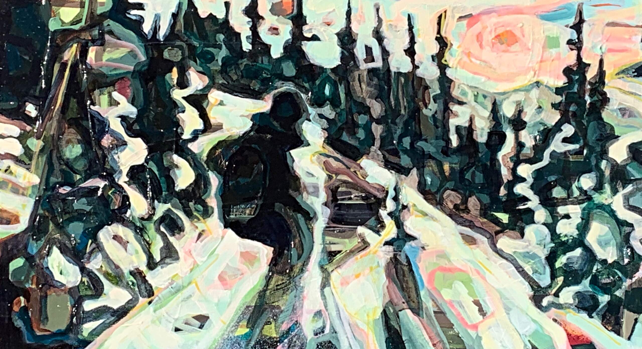 Shredder, acrylic snowboarder painting by Sandy Kunze | Effusion Art Gallery + Cast Glass Studio, Invermere BC