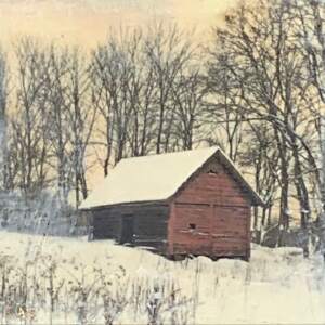 Cabin in the Woods, encaustic landscape by Lee Anne LaForge | Effusion Art Gallery + Cast Glass Studio, Invermere BC