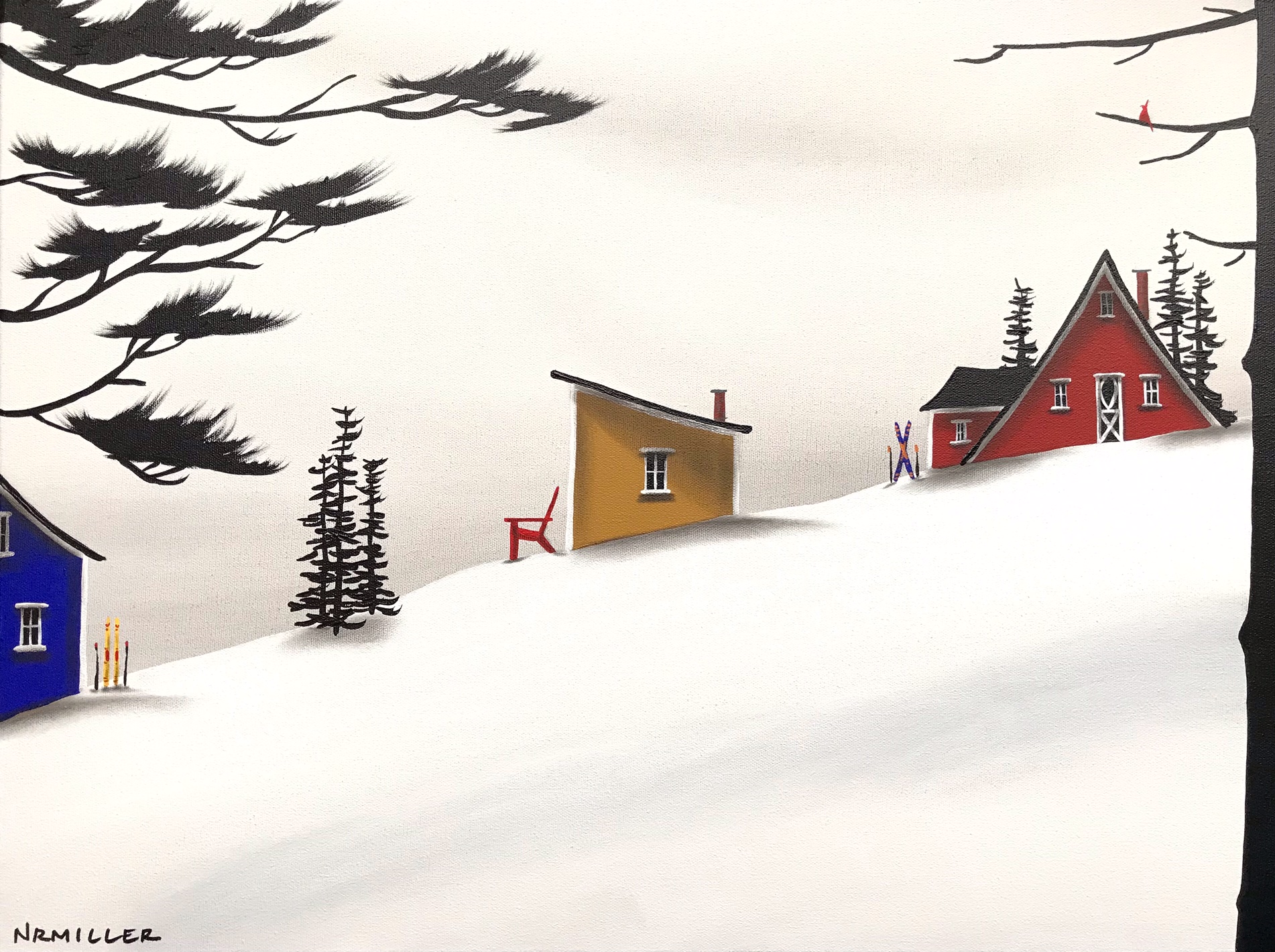 Chalet Ballet, mixed media landscape painting by Natasha Miller | Effusion Art Gallery + Cast Glass Studio, Invermere BC