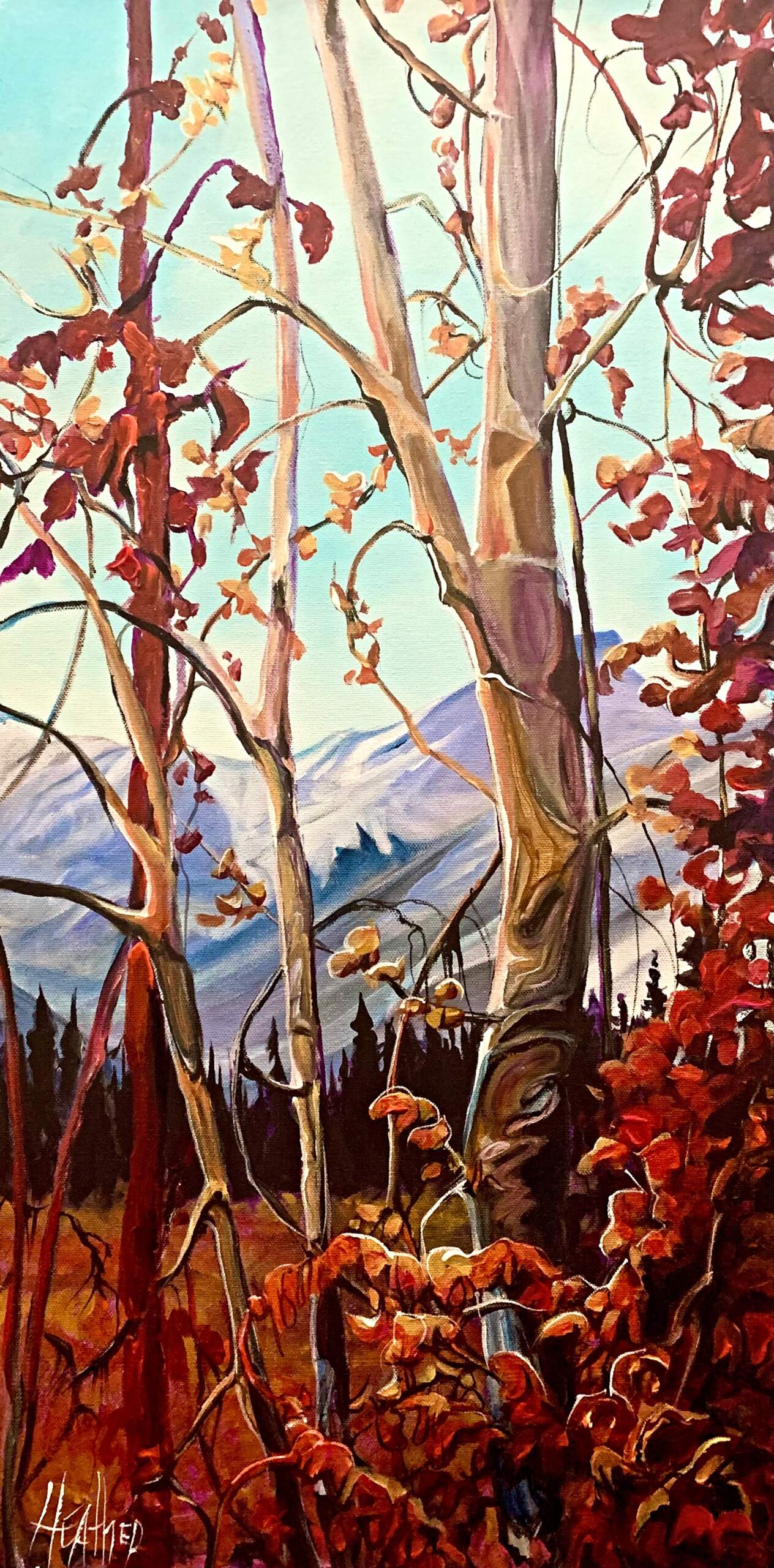 Birch Tangle, acrylic landscape painting by Heather Pant | Effusion Art Gallery + Cast Glass Studio, Invermere BC