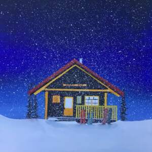 Drinks at the Hut, mixed media landscape painting by Cody Pendleton | Effusion Art Gallery + Cast Glass Studio, Invermere BC