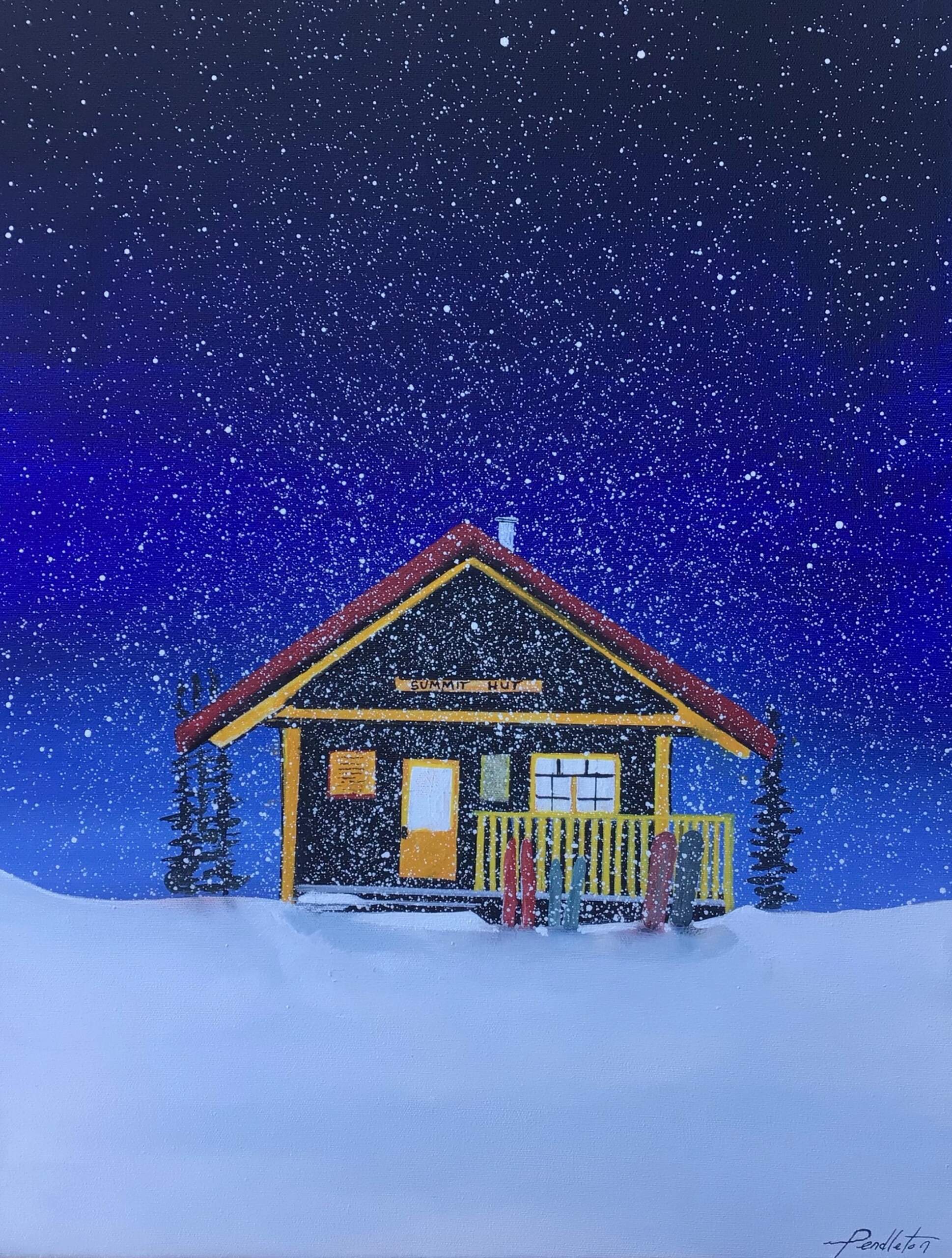Drinks at the Hut, mixed media landscape painting by Cody Pendleton | Effusion Art Gallery + Cast Glass Studio, Invermere BC