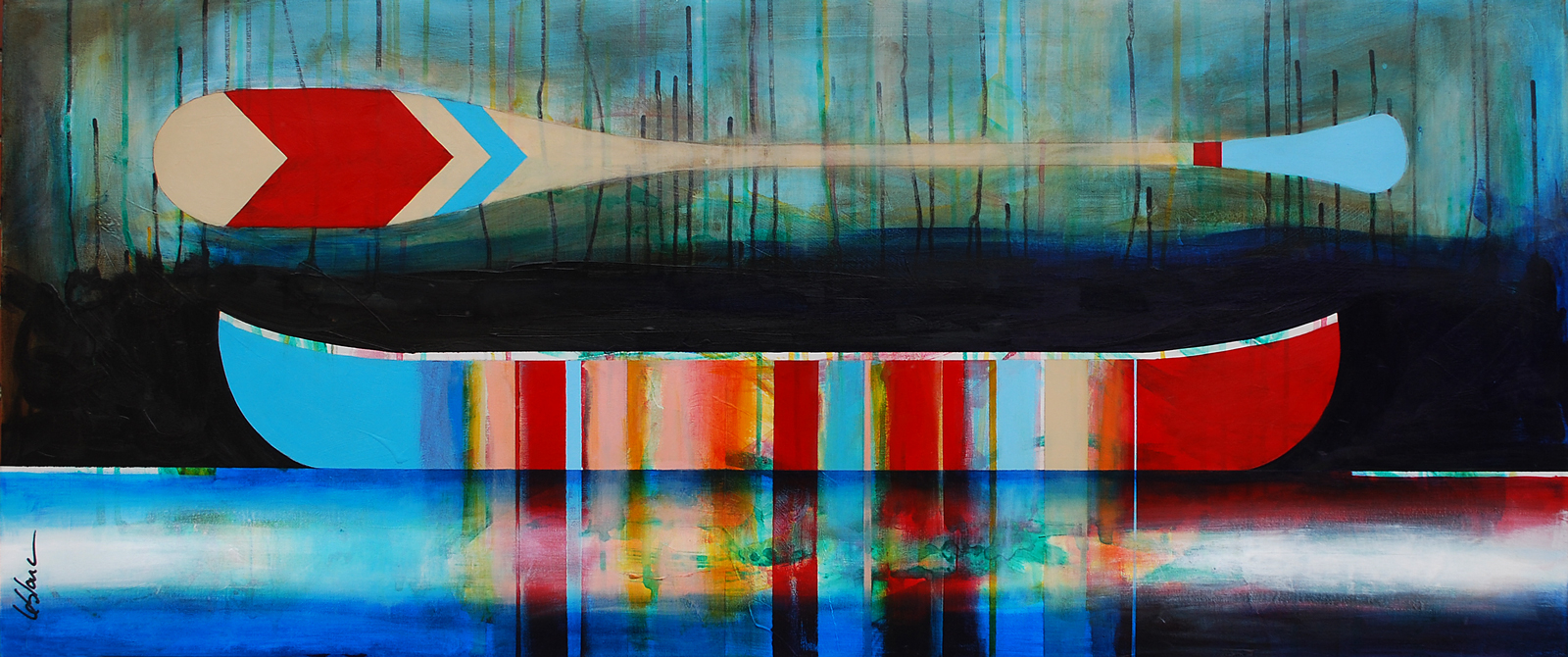 En balade avec toi, mixed media canoe painting by Sylvain Leblanc | Effusion Art Gallery + Cast Glass Studio, Invermere BC