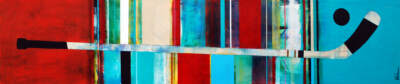 Zone adverse 4, mixed media hockey painting by Sylvain Leblanc | Effusion Art Gallery + Cast Glass Studio, Invermere BC