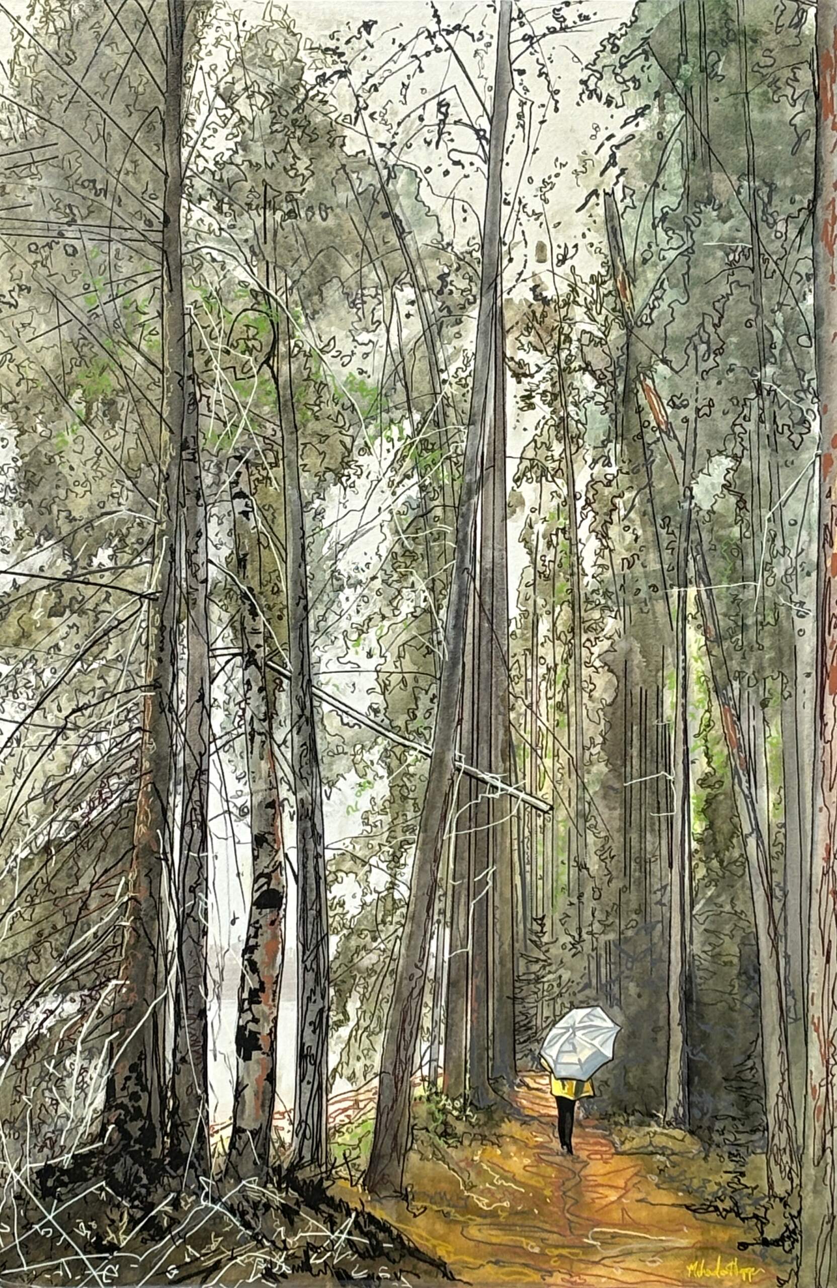 Dream a Dream, original acrylic and marker landscape painting of a hiker on a tree-lined trail by Canadian artist Michaela Hoppe at Effusion Art Gallery in Invermere, BC.