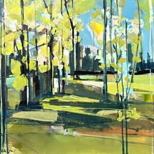 Dancing Light, original tree landscape painting by Canadian artist Katie Lois at Effusion Art Gallery in Invermere, BC.