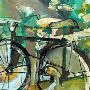 Sweet Ride, original acrylic abstract bike painting by Canadian artist Katie Lois at Effusion Art Gallery in Invermere, BC.