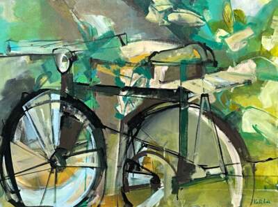 Sweet Ride, original acrylic abstract bike painting by Canadian artist Katie Lois at Effusion Art Gallery in Invermere, BC.