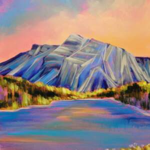 Supernatural Shores of Two Jack, acrylic landscape painting by Kayla Eykelboom | Effusion Art Gallery + Cast Glass Studio, Invermere BC